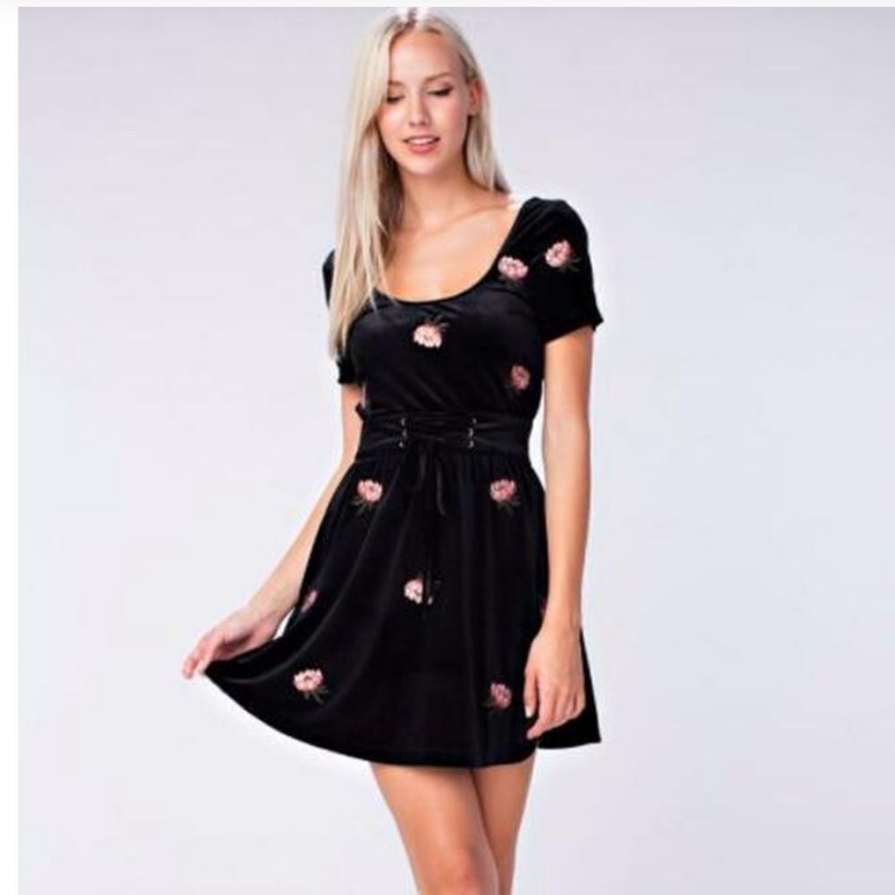 Honey Belle Midnight Reveries Brown Floral Velvet Short Sleeve Corset Dress